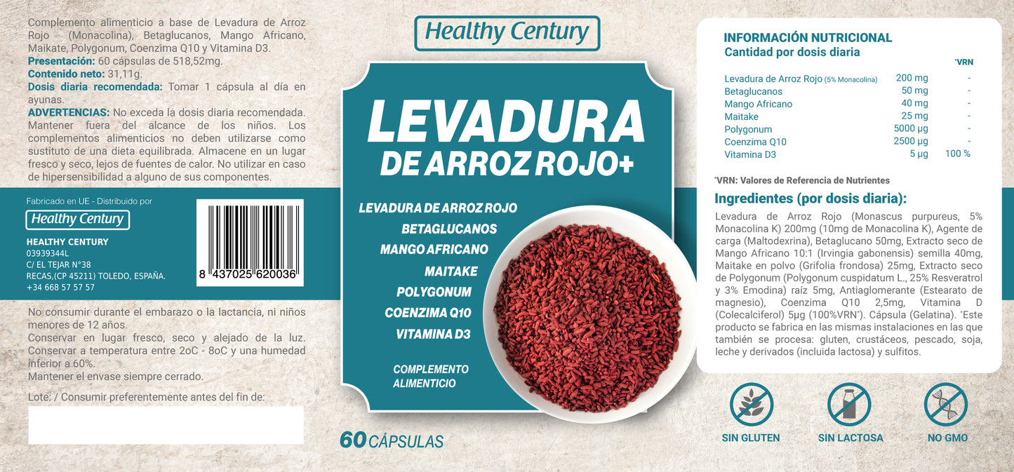 Levadura de Arroz Rojo+ | Monacolina K 10mg + Coenzima Q10 + Betaglucanos + Vitamina D3 | 60 Cápsulas (2 meses)