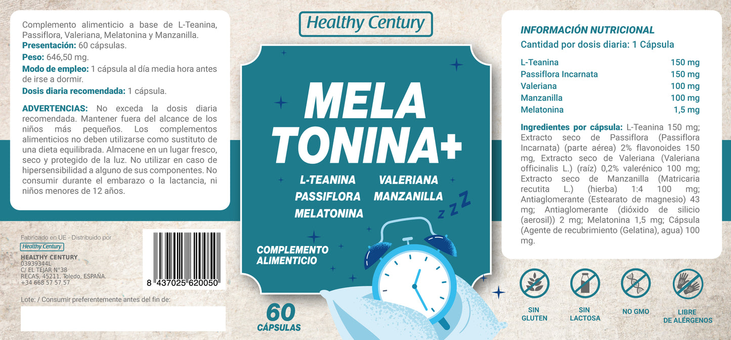 Melatonina 1,5 mg + L-Teanina + Valeriana + Pasiflora + Manzanilla | 60 Cápsulas (2 meses)