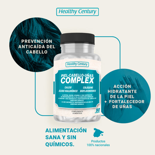 Piel-Cabello-Uñas Complex | Biotina 1000μg + Colágeno + Ácido Hialurónico | 90 Cápsulas (3 meses)