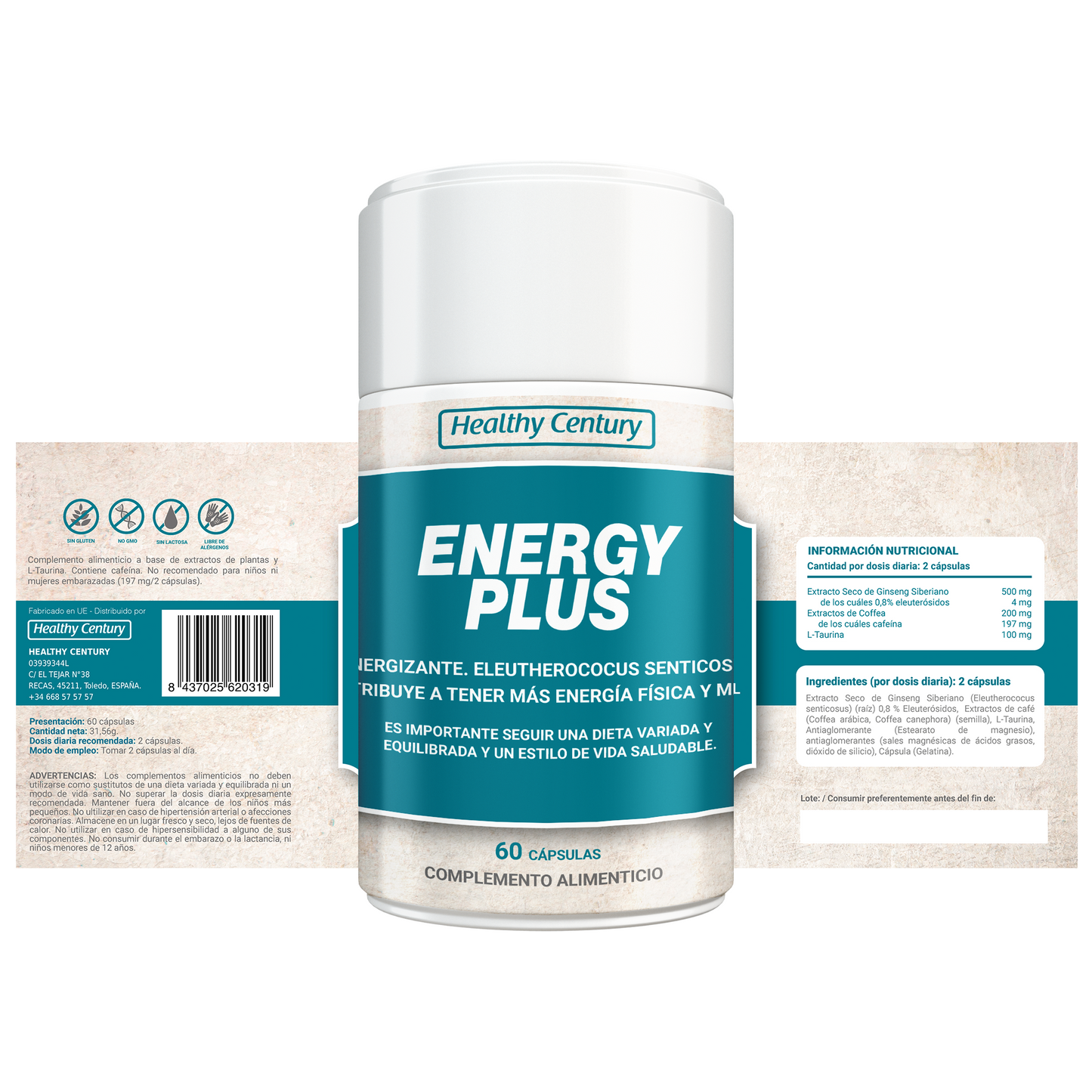 Energy Plus | Energizante Natural con Ginseng Siberiano y Cafeína | 60 Cápsulas