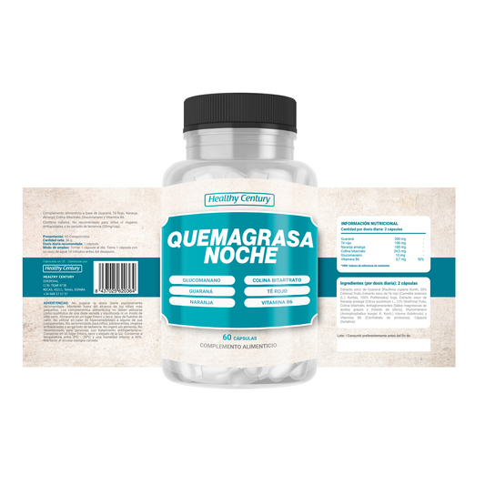 Quemagrasa Noche | Metabolismo Nocturno con Guaraná, Té Rojo y Glucomanano | 60 Cápsulas