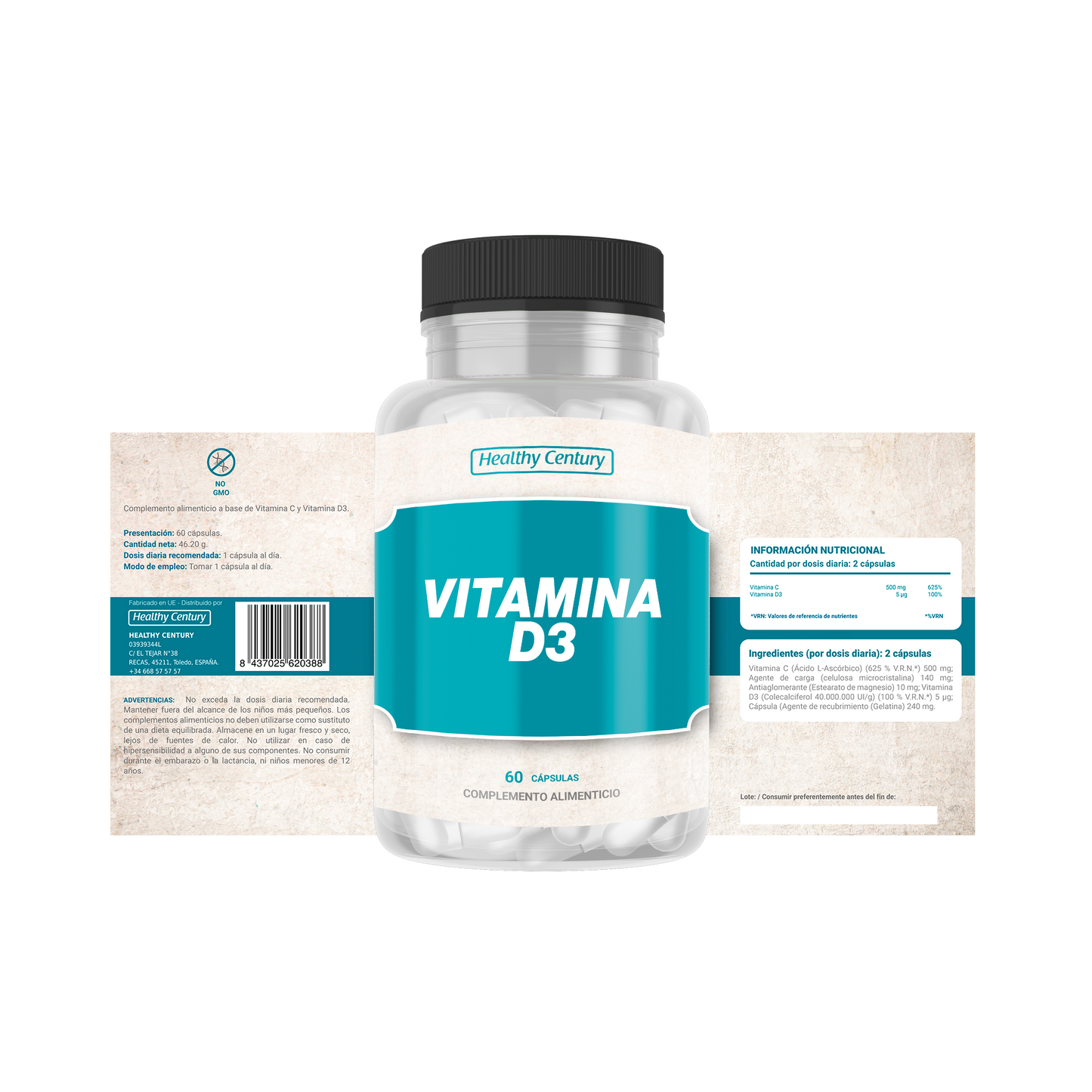 Vitamina D3 + Vitamina C | Inmunidad y Huesos | 60 Cápsulas (2 meses)