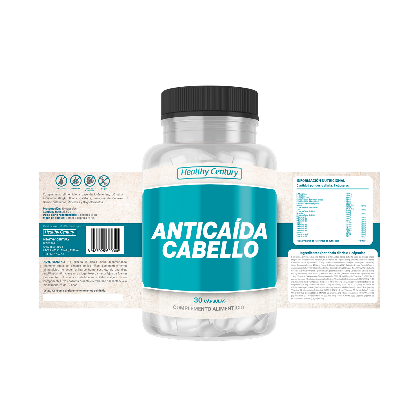 Anticaída Cabello | Fórmula Completa con Biotina, Zinc y Aminoácidos | 30 Cápsulas