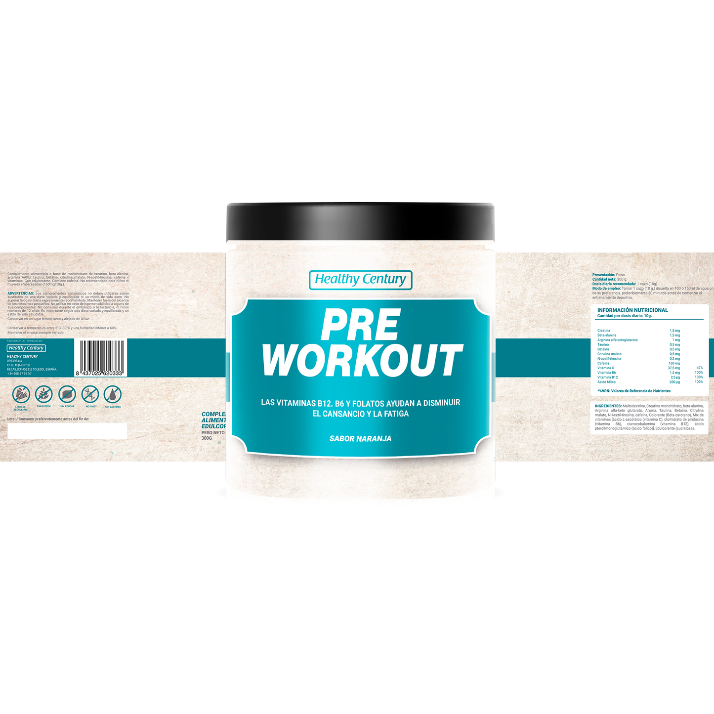 Pre Workout | Energía y Rendimiento Deportivo | Sabor Naranja | 300g (30 dosis)