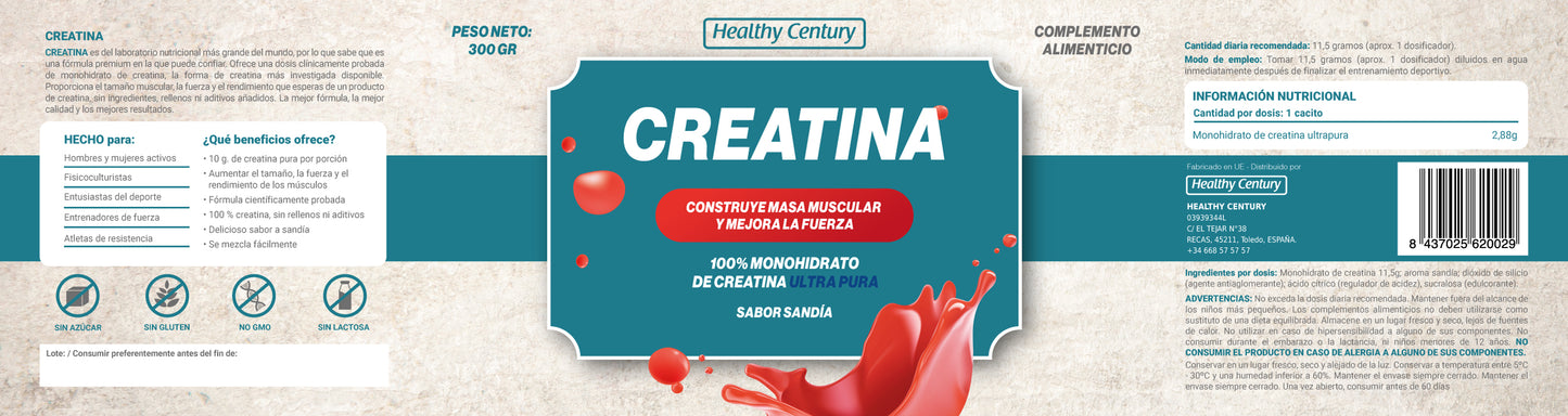 Creatina Monohidrato 100% Ultra Pura | Sabor Sandía | 300g (26 dosis)
