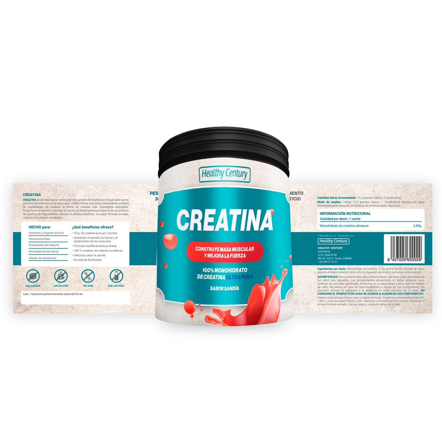 Creatina Monohidrato 100% Ultra Pura | Sabor Sandía | 300g (26 dosis)