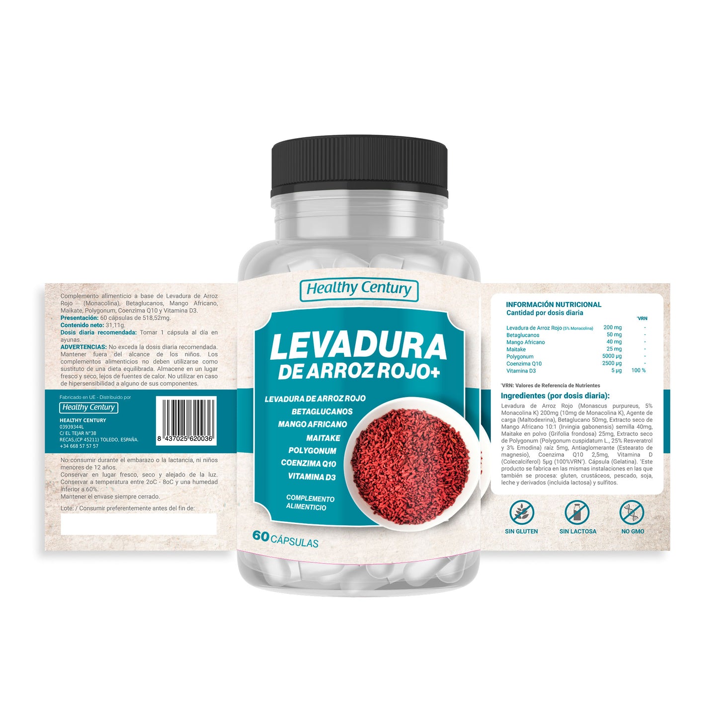 Levadura de Arroz Rojo+ | Monacolina K 10mg + Coenzima Q10 + Betaglucanos + Vitamina D3 | 60 Cápsulas (2 meses)