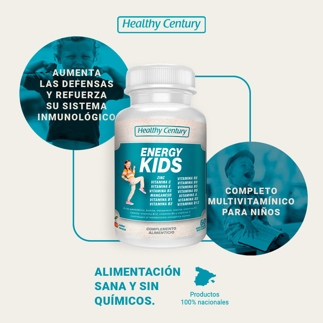 Energy Kids | Multivitamínico Infantil con 15 Vitaminas y Minerales | Sabor Cereza | 60 Comprimidos Masticables