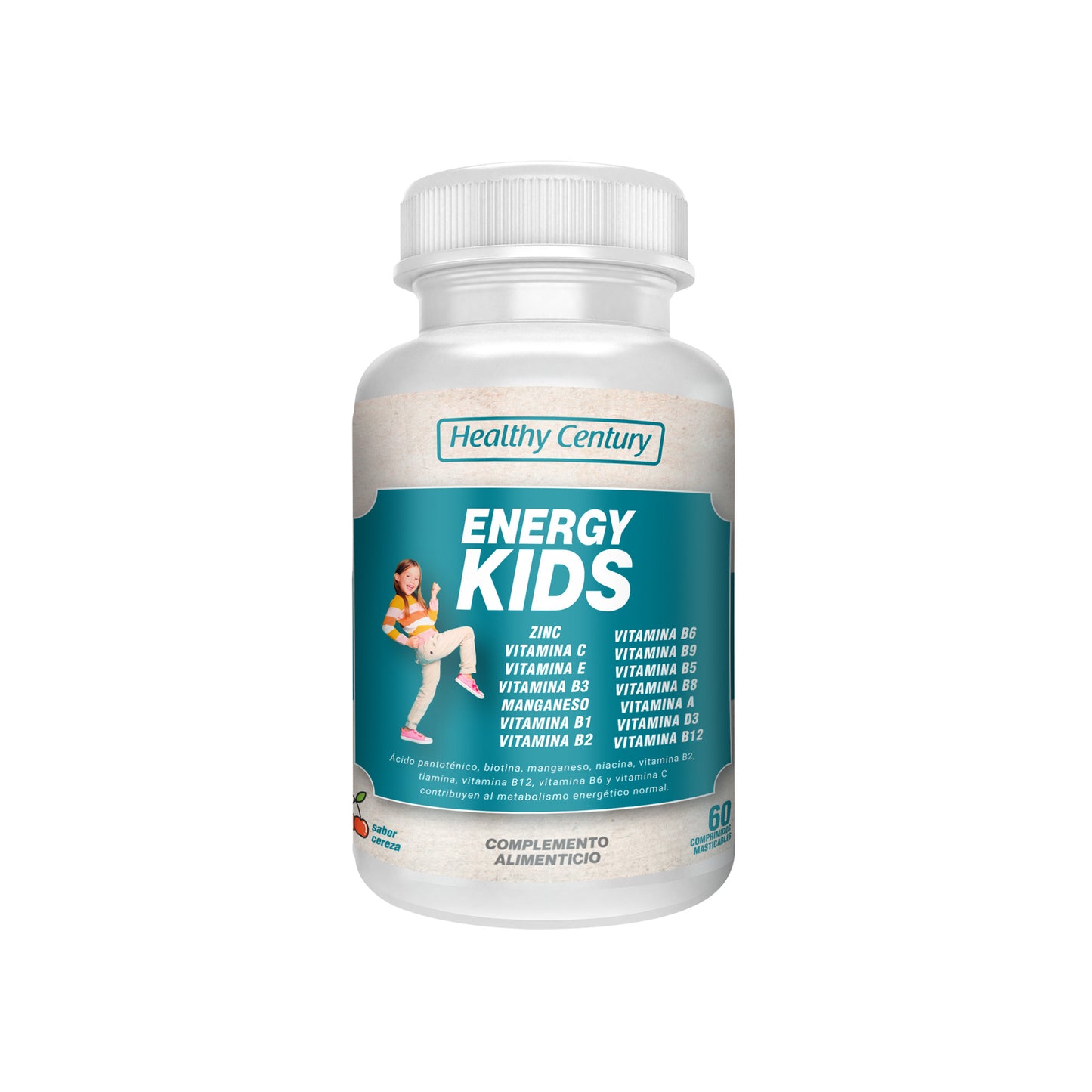 Energy Kids | Multivitamínico Infantil con 15 Vitaminas y Minerales | Sabor Cereza | 60 Comprimidos Masticables