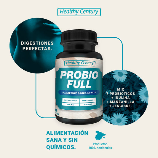 Probiofull | 20 Cepas Probióticas 60 Mil Millones UFC + Inulina + Manzanilla + Jengibre | 90 Cápsulas