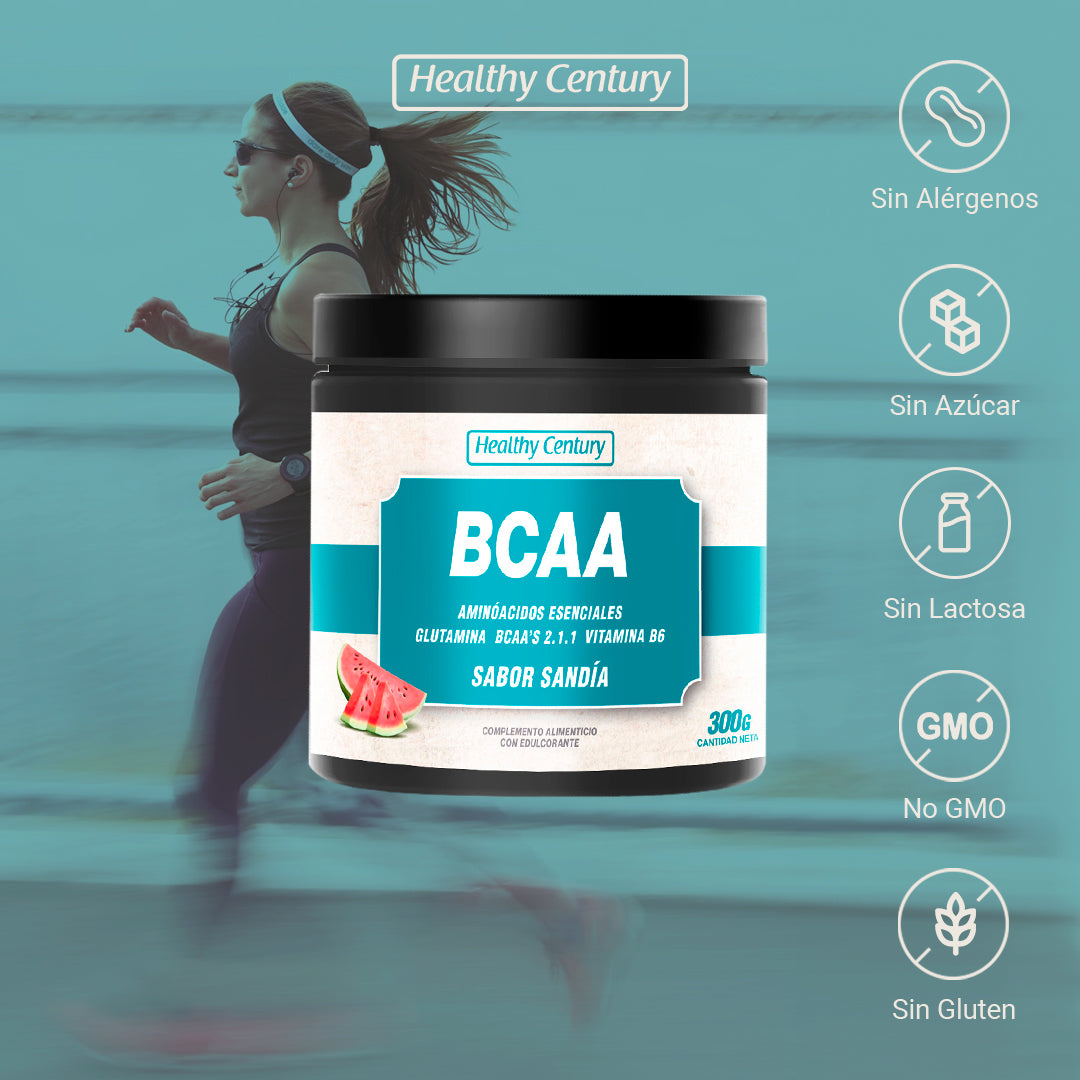 BCAA + Glutamina + Vitamina B6 | Aminoácidos Ramificados 2:1:1 | Sabor Sandía | 300g (30 dosis)