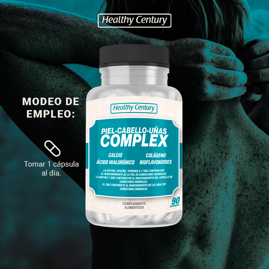 Piel-Cabello-Uñas Complex | Biotina 1000μg + Colágeno + Ácido Hialurónico | 90 Cápsulas (3 meses)