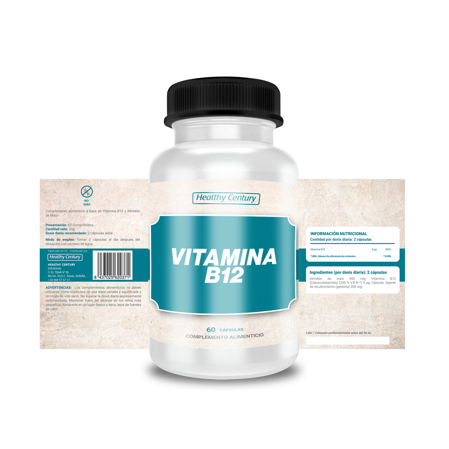Vitamina B12 | Cianocobalamina 5μg (200% VRN) | 60 Cápsulas