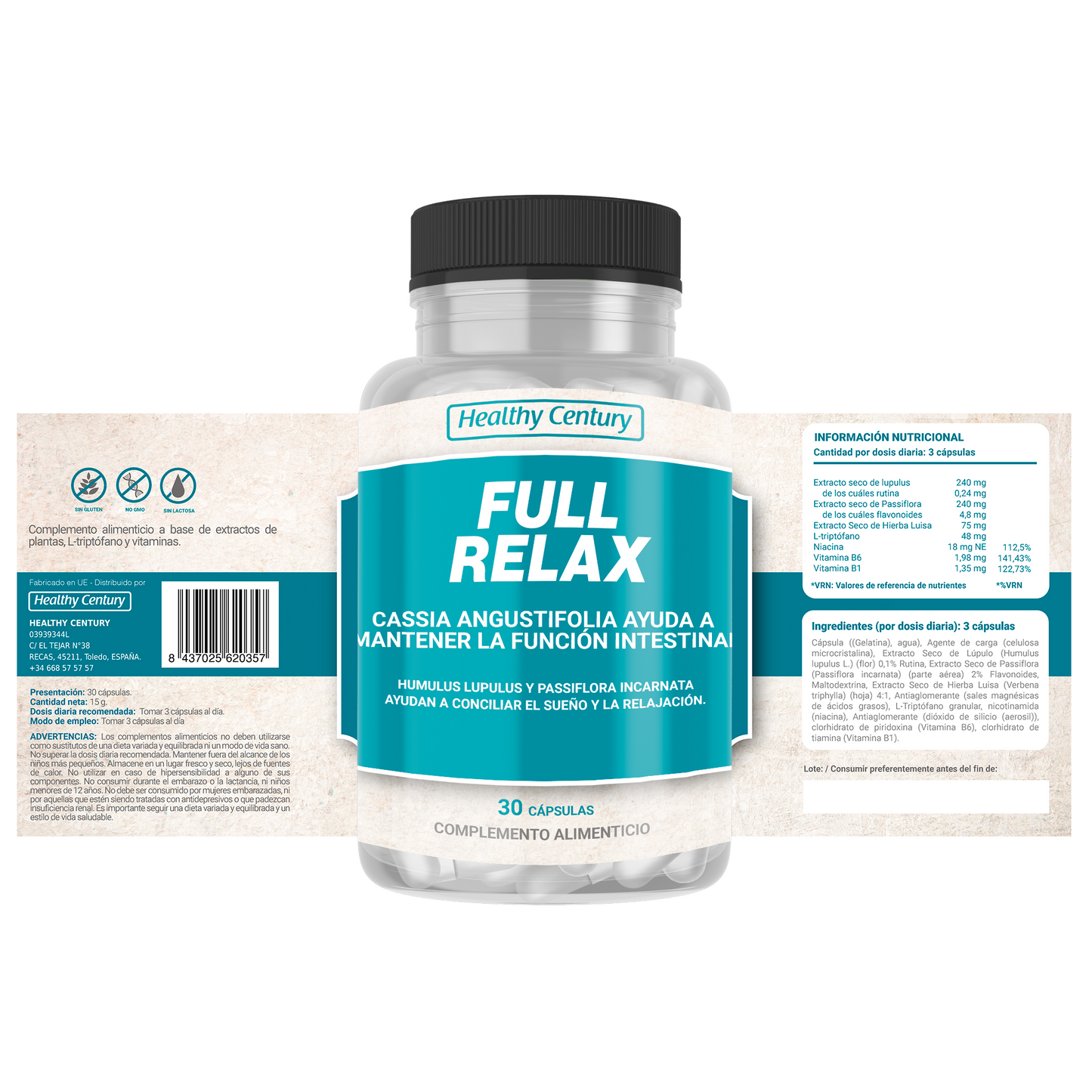 Full Relax | Relajante Natural con Pasiflora, Lúpulo y L-Triptófano | 30 Cápsulas